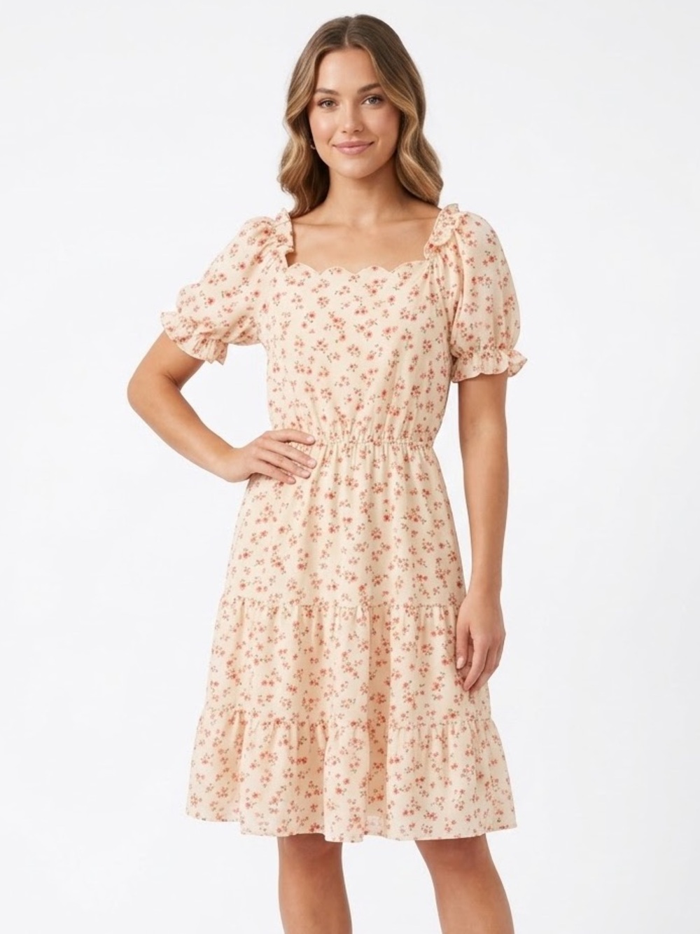Monteau Los Angeles Floral Puff Sleeve Tiered Dress Size Small